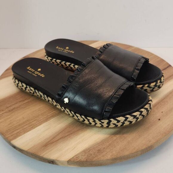 Kate Spade Zahara Black Leather Braided Flat Espadrille Sandals Slides Women's S - Picture 4 of 11